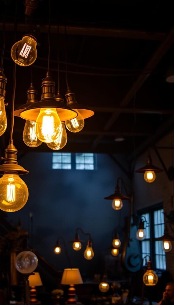 A dimly lit vintage industrial workshop, the air thick with the scent of aged metal and oil. In the foreground, a cluster of weathered copper and brass lighting fixtures hang from the exposed ceiling beams, their soft, amber glow casting a warm, inviting ambiance. In the middle ground, a mix of industrial-style table lamps and wall sconces flicker, their glass shades partially obscured by layers of rust and patina. The background is hazy, filled with the silhouettes of antique machinery and exposed brick walls, creating a moody, nostalgic atmosphere. The lighting is dramatic, with deep shadows and highlights that accentuate the rugged, time-worn character of the space.