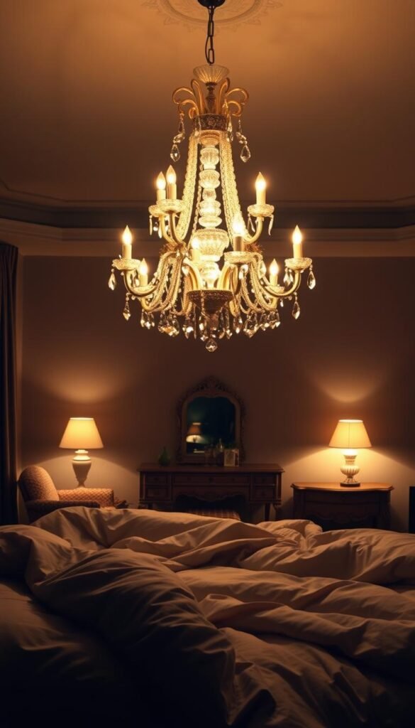 A dramatic, cozy bedroom scene featuring a statement chandelier as the centerpiece. The chandelier casts a warm, golden glow, illuminating the space with a soft, intimate ambiance. In the foreground, plush bedding and luxurious textiles create a inviting, serene atmosphere. The middle ground showcases elegant, vintage-inspired furniture pieces, complementing the chandelier's ornate design. In the background, muted, earthy tones on the walls and flooring provide a balanced, soothing backdrop, allowing the chandelier to be the focal point. Soft, diffused lighting from the chandelier creates a sense of depth and dimension, enveloping the room in a cozy, atmospheric allure.