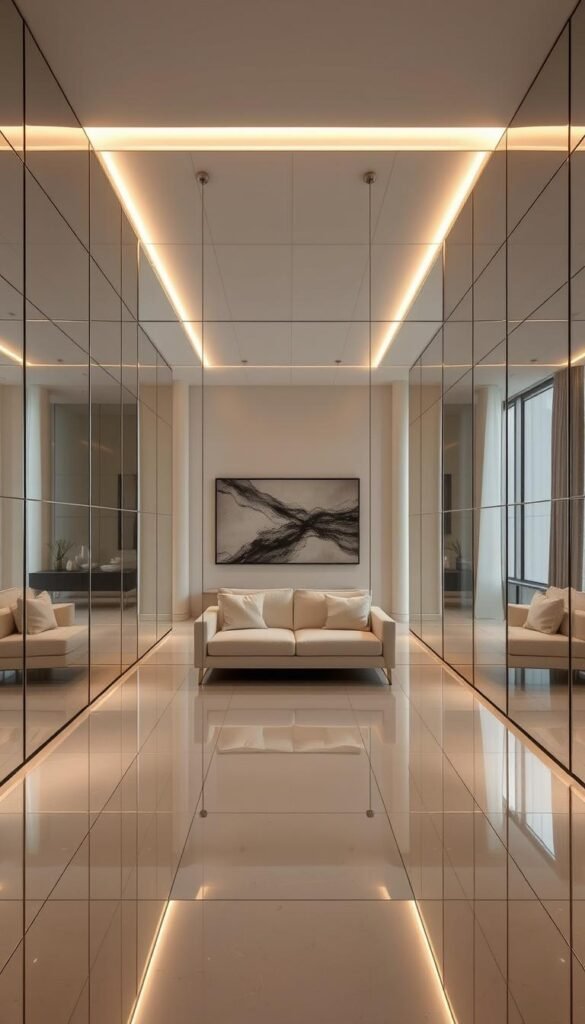 A dramatic floor-to-ceiling installation of sleek, reflective mirror panels, creating an illusion of infinite space in a small living room. Crisp, clean lines of the glass reflect the room's natural light, enhancing the sense of depth and openness. The mirrors are arranged in a symmetrical grid pattern, seamlessly integrated into the wall from floor to ceiling. Soft, diffused lighting from concealed sources illuminates the scene, adding a warm, ethereal ambiance. The overall effect is one of sophisticated minimalism, making the compact living area feel expansive and sophisticated.