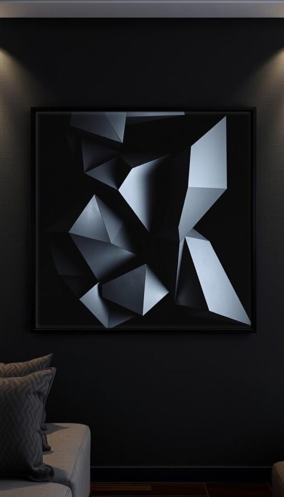 A dramatic, modern wall art piece for a dark living room. A surreal, geometric composition of angular, faceted shapes in shades of black, silver, and charcoal, creating an abstract, architectural feel. The artwork is backlit, casting dramatic shadows and highlighting the depth and dimensionality of the design. The piece is framed in a sleek, minimalist black frame, suspended on a dark, textured wall, creating a bold, statement-making focal point. Soft, dramatic lighting illuminates the artwork, evoking a moody, sophisticated ambiance perfect for a chic, modern living space.
