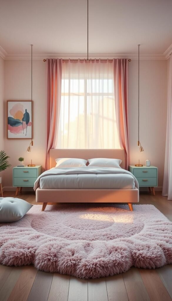 A dreamy, pastel-hued modern retro bedroom with soft, welcoming ambiance. The centerpiece is a stylish, mid-century inspired bed frame in a muted blush tone, flanked by sleek, minimalist nightstands in a soft mint green. The walls are adorned with abstract art prints in complementary pastel shades, casting a warm, glowing light across the space. Plush, textured area rugs in pastel pinks and blues anchor the scene, while delicate, wispy curtains in a pale lavender filter the natural light. Subtle lighting fixtures in muted metallics add a touch of vintage-inspired flair. Overall, the scene emanates a calming, nostalgic charm with a contemporary, minimalist twist.