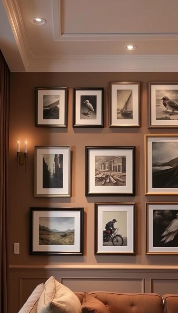 A gallery wall showcasing an elegant arrangement of framed artwork, tastefully curated against a backdrop of warm, muted tones. The frames, varying in size and style, are hung with precision, creating a visually captivating and harmonious display. Soft, directional lighting from sconces and recessed fixtures casts a subtle glow, accentuating the textures and details of the paintings. The overall atmosphere exudes a sense of refined sophistication, inviting the viewer to engage with the personalized curation of timeless artworks that complement the luxurious living space.