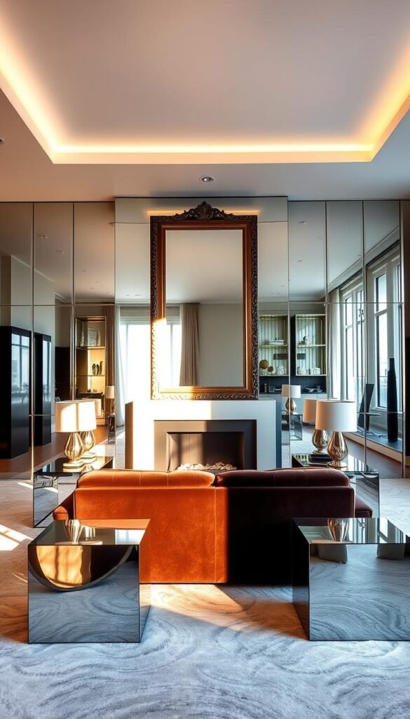 A glamorous living room filled with strategically placed mirrors that capture and reflect the light. The foreground features a large, ornate mirror above a sleek, modern fireplace, casting a warm, inviting glow. In the middle ground, a pair of mirrored side tables flank a plush velvet sofa, creating the illusion of depth and space. The background showcases a wall of floor-to-ceiling mirrors, amplifying the sense of grandeur and luminosity. The lighting is a perfect balance of natural daylight filtering through large windows and subtle, recessed lighting fixtures that cast a soft, ambient radiance. The overall atmosphere is one of refined elegance and sophisticated charm.