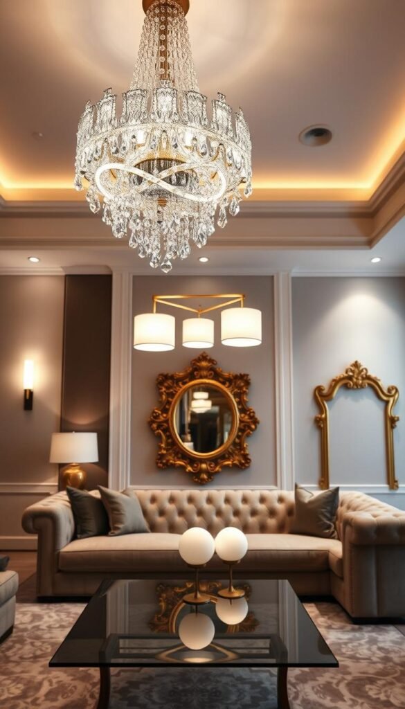 A glamorous living room with a luxurious, layered lighting design. In the foreground, a statement chandelier cascades with crystal droplets, casting a warm, ambient glow. Flanking it, two minimalist wall sconces emit a soft, diffused light. In the middle ground, a trio of pendant lamps hovers above a sleek, glass-top coffee table, their geometric silhouettes complementing the room's modern aesthetic. The background features recessed ceiling lights that bathe the space in a gentle, even illumination, highlighting the rich textures of the plush, tufted sofa and the ornate, gilded mirror on the far wall. The overall effect is one of sophistication, elegance, and a captivating play of light and shadow.