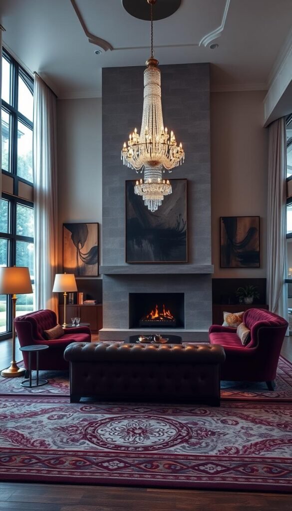 A grand and luxurious living room, bathed in warm, soft lighting from elegant, brass-finished floor lamps and a magnificent, crystal chandelier overhead. The room is adorned with lavish, plush furnishings - a deep, tufted leather sofa, complemented by velvet armchairs in a rich, burgundy hue. A massive, stone fireplace anchors the space, its mantel adorned with ornate, gilded accents. Striking, abstract art pieces hang on the walls, casting a moody, sophisticated ambiance. The room is finished with intricate, patterned rugs and flowing, sheer curtains that frame large windows, offering a glimpse of a picturesque, manicured garden outside. A grand and luxurious living room, bathed in warm, soft lighting from elegant, brass-finished floor lamps and a magnificent, crystal chandelier overhead. The room is adorned with lavish, plush furnishings - a deep, tufted leather sofa, complemented by velvet armchairs in a rich, burgundy hue. A massive, stone fireplace anchors the space, its mantel adorned with ornate, gilded accents. Striking, abstract art pieces hang on the walls, casting a moody, sophisticated ambiance. The room is finished with intricate, patterned rugs and flowing, sheer curtains that frame large windows, offering a glimpse of a picturesque, manicured garden outside.