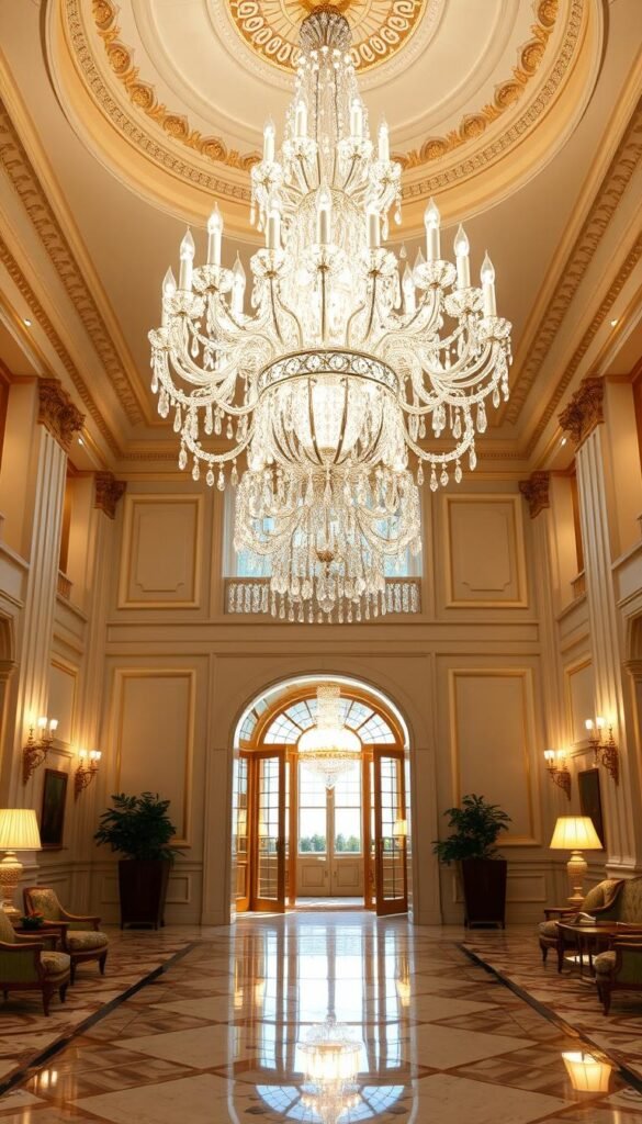 A grand crystal chandelier, its intricate arms adorned with cascading prisms, casts a warm and dazzling glow over the neoclassic living room. The architectural details of the high-ceilinged space are accentuated by the interplay of light and shadow, creating a sense of opulence and refined elegance. The chandelier's ornate design is the centerpiece, its radiant illumination reflecting off the polished marble floors and gilded accents, evoking a timeless, luxurious ambiance. Carefully positioned lighting fixtures around the room complement the chandelier's brilliance, seamlessly integrating architecture and luminance to craft a visually captivating and harmonious space.