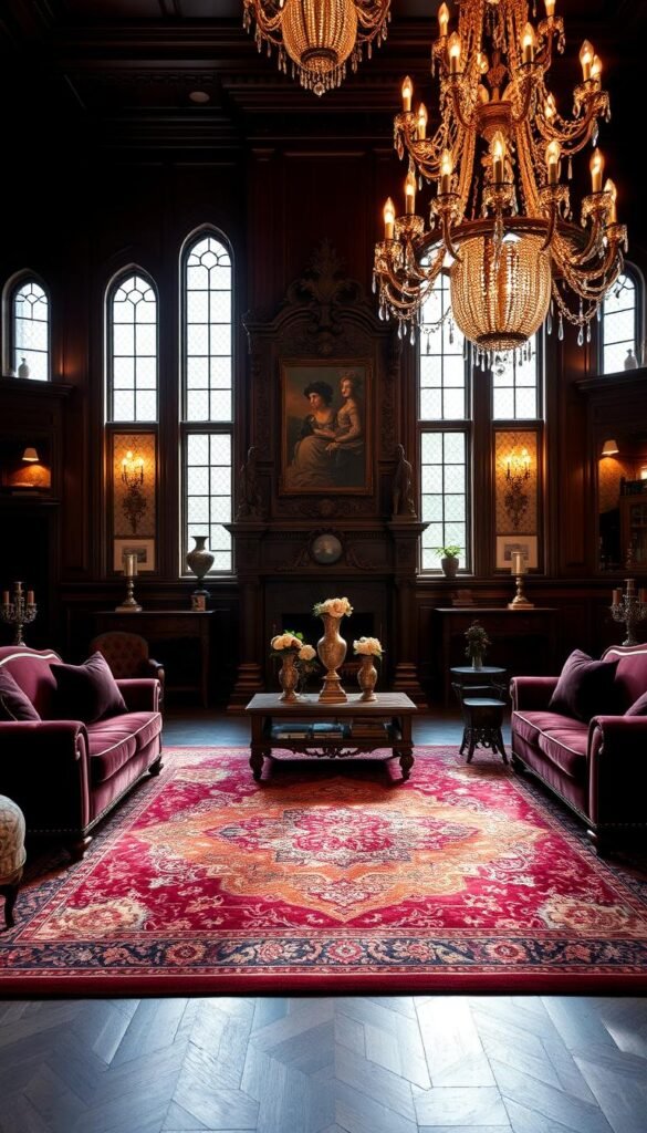 A grand, dimly lit gothic glam living room, adorned with antique furnishings and accents. The centerpiece is a towering, ornate fireplace mantel, flanked by tall, arched windows that let in soft, moody lighting. Plush velvet couches in deep burgundy hues sit atop an intricately patterned area rug, while a heavy, dark wood coffee table and end tables hold antique vases and candelabras. The walls are paneled in rich, dark wood, with ornate wall sconces casting a warm glow. Overhead, a grand, crystal chandelier sparkles, illuminating the room's dramatic, elegant atmosphere.