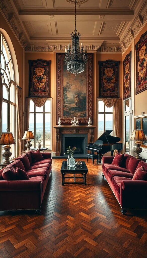 A grand, high-ceilinged living room bathed in warm, soft lighting. Plush velvet sofas in a rich burgundy hue sit on a detailed herringbone hardwood floor. Ornate, antique-inspired lamps with shimmering crystal accents flank a majestic fireplace, its mantle adorned with delicate porcelain figurines. Floor-to-ceiling windows frame a picturesque landscape outside, letting in natural light that dances across the room's elegant moldings and intricate tapestry wall hangings. A grand piano stands in the corner, its polished ebony surface reflecting the room's timeless sophistication. The space exudes a sense of refined luxury and enduring style.