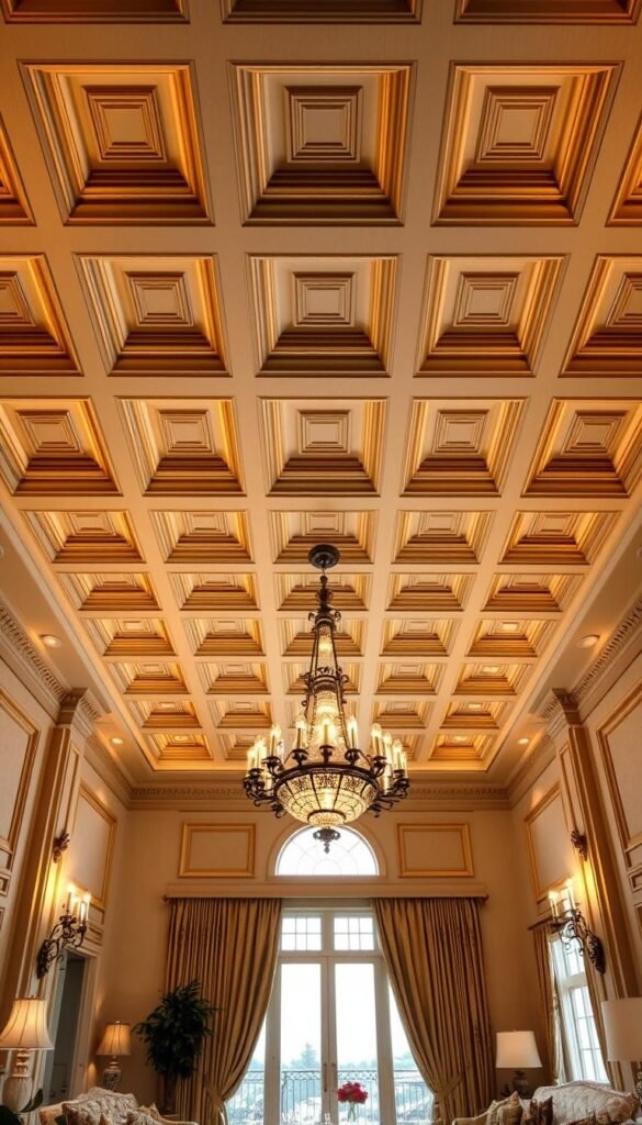 A grand, luxurious coffered ceiling design, showcased in a well-lit, high-ceilinged living room. The intricate pattern of square or rectangular recessed panels, adorned with ornate moldings, creates a sense of grandeur and opulence. Warm, golden lighting from elegant chandeliers and sconces casts a soft, inviting glow, highlighting the depth and texture of the hand-crafted woodwork. The ceiling's symmetrical elegance is mirrored in the room's harmonious furnishings, elegant draperies, and plush, neutral-toned decor, creating a cohesive, high-end ambiance.