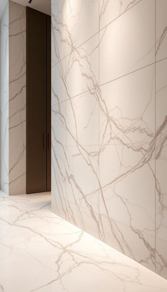 A grand marble wall with intricate veining and a lustrous sheen, illuminated by soft, diffused lighting that highlights its natural beauty. The surface appears smooth and tactile, inviting the touch. The marble's timeless elegance is complemented by the surrounding minimalist decor, creating a harmonious, high-end ambiance. The image conveys the wall's durability, low-maintenance, and thermal properties, showcasing the enduring benefits of this luxurious material for a sophisticated living space.