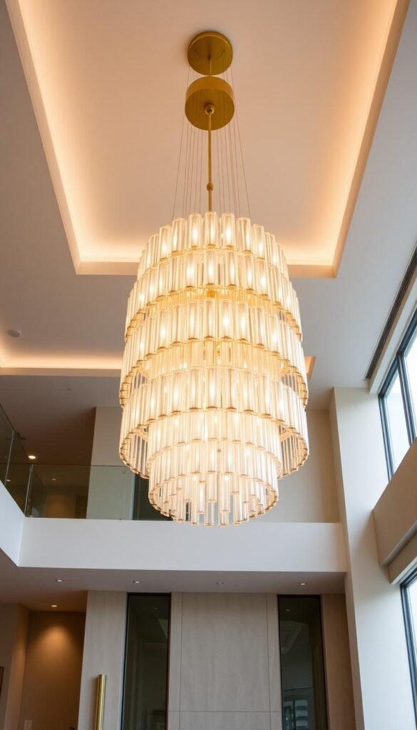 A grand, modern statement lighting fixture for a high-ceiling luxury living room. A striking, sculptural silhouette of brushed brass and frosted glass, its cascading tiers of illumination cast a warm, dramatic glow across the space. Suspended from an expansive, minimalist ceiling by sleek, concealed cabling, the fixture commands attention as the room's elegant focal point. Its radiant ambiance accentuates the architectural features and lends an air of sophisticated allure to the interior. The lighting strategically highlights the lofty proportions, creating a mesmerizing, gallery-like atmosphere perfect for a high-end, contemporary living space.
