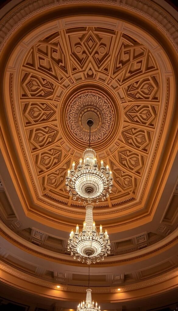 A grand, multi-tiered ceiling design that commands attention. The foreground features a stunning central chandelier, its crystals refracting warm, dramatic lighting. The middle layer showcases intricate moldings and recessed panels, creating a sense of depth and architectural grandeur. In the background, a sweeping, coved ceiling soars, its surfaces adorned with a mesmerizing pattern of geometric shapes and undulating curves. Muted, earthy tones blend seamlessly, evoking a sophisticated, timeless elegance. This majestic composition is captured through a wide-angle lens, emphasizing the scale and grandeur of the space.