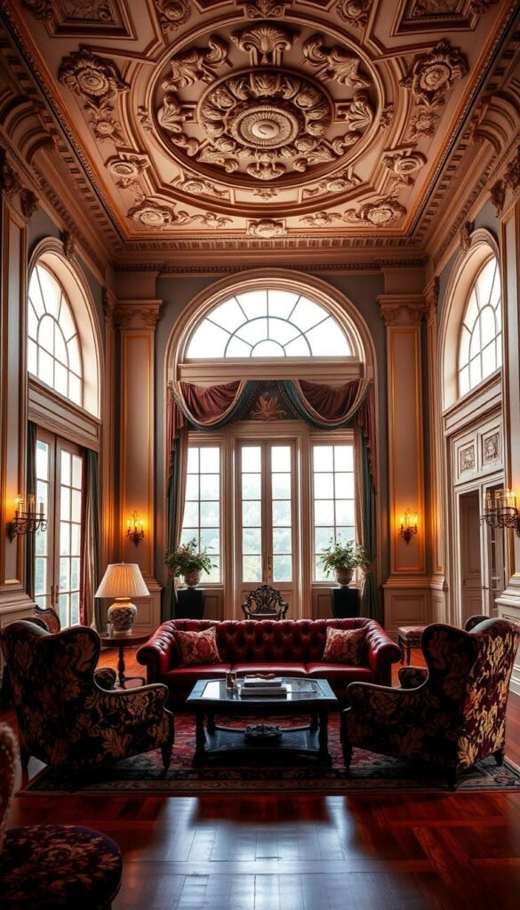 A grand neoclassical living room with ornate, gilded mouldings and elegant seating arrangements. The focal point is a luxurious tufted sofa in deep burgundy, flanked by matching armchairs in an intricate floral brocade. Tall, arched windows let in warm, diffused lighting, casting a soft glow on the ornate plaster ceiling medallions and wall sconces. The rich hardwood floor is adorned with an opulent, patterned area rug. The overall atmosphere exudes a sense of refined sophistication and timeless grandeur.