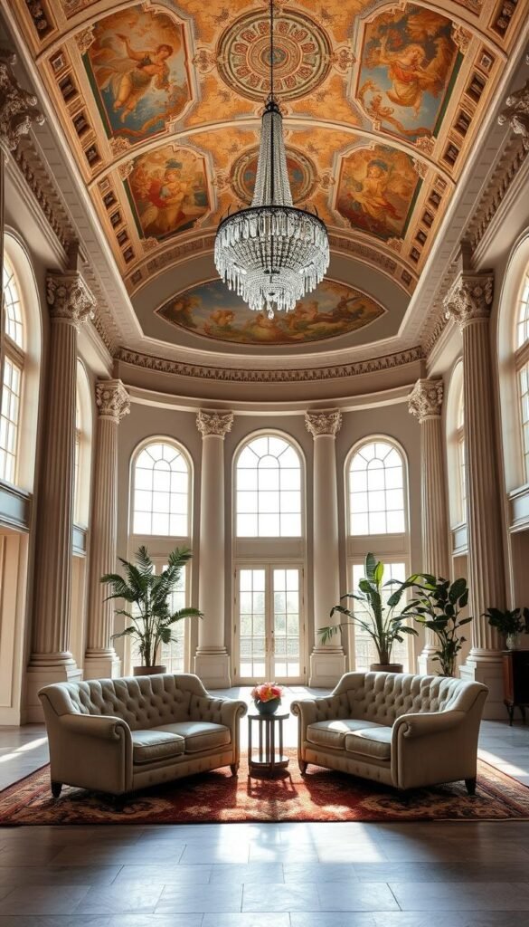 A grand neoclassical living room with symmetrical architectural details and elegant furnishings. Majestic arched windows allow natural light to stream in, casting a warm glow on the ornate crown moldings and intricate ceiling frescoes. A statement chandelier hangs at the center, its crystal prisms refracting the light. In the foreground, a pair of matching tufted sofas face each other, framed by tall columns and pilasters. Plush area rugs and potted plants add organic touches to the otherwise formal setting, creating a harmonious balance of classic and contemporary. The overall atmosphere radiates a sense of refined sophistication and timeless beauty.