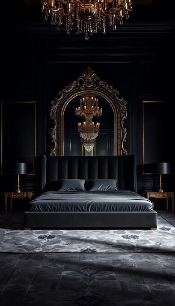 A grand, opulent bedroom in a moody, dramatic lighting. The focal point is a striking statement furniture piece - a sleek, modern bed with a bold, dramatic headboard in a rich, velvety fabric. The bed is flanked by tall, slender side tables with minimal, geometric designs. In the background, a large, ornate mirror reflects the scene, adding depth and visual interest. The overall atmosphere is one of luxury, sophistication, and a touch of rebellion, perfectly capturing the "baddie" aesthetic.