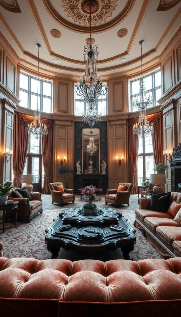 A grand, opulent living room in a luxurious mansion, adorned with sumptuous fabrics, ornate furnishings, and gleaming surfaces. In the foreground, a sprawling sectional sofa upholstered in rich, velvety tones invites relaxation. The middle ground features a stately, carved wood coffee table with intricate details, surrounded by plush armchairs. In the background, tall windows let in natural light, illuminating the space and casting a warm, golden glow. Elegant chandeliers hang overhead, casting a soft, ambient light. The room exudes an air of refined sophistication and timeless elegance, capturing the essence of luxury living.