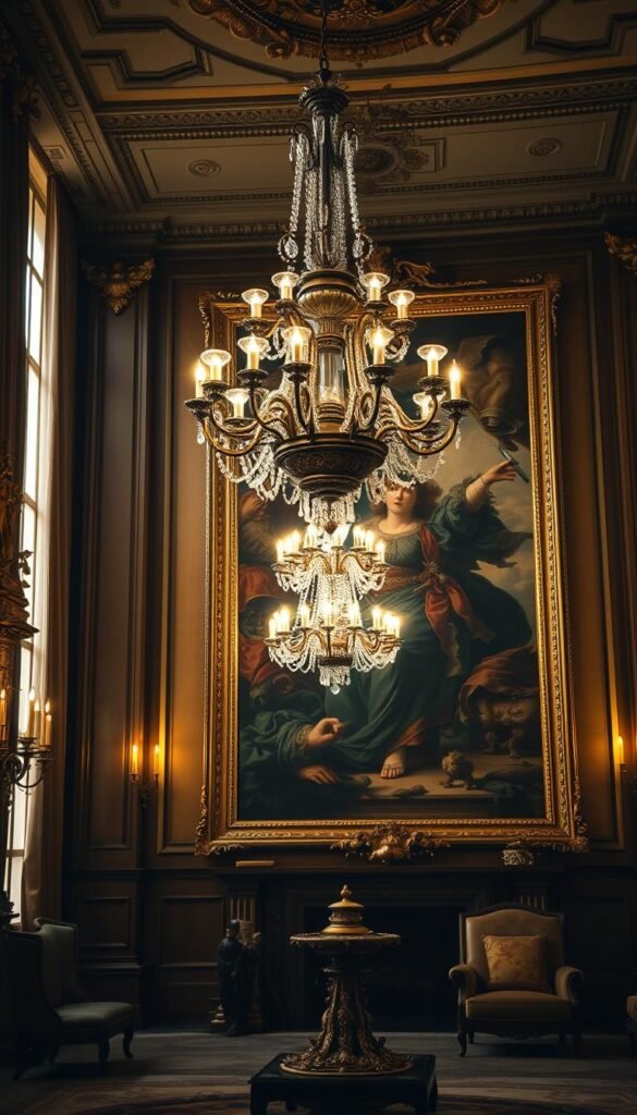 A grand, opulent living room with intricate, ornate accents and sophisticated artwork. The foreground features a large, gilded mirror with intricate carvings, flanked by ornamental wall sconces emitting a warm, soft glow. In the middle ground, a magnificent chandelier casts a dazzling display of light and shadow upon the room. The background showcases a stunning, large-scale painting with rich, vibrant colors and detailed brushstrokes, depicting a majestic, regal scene. The lighting is dramatic, with a combination of natural sunlight filtering through tall windows and carefully placed, theatrical lighting fixtures. The overall atmosphere is one of refined elegance, timeless luxury, and artistic grandeur.