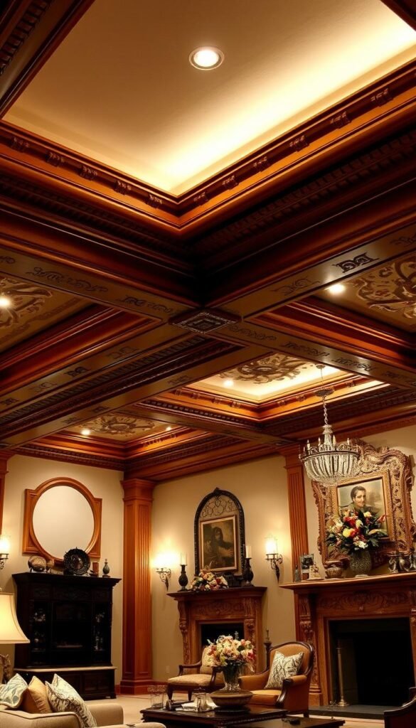 A grand, ornate living room with elegant, hand-carved decorative ceiling beams. The beams are made of rich, warm-toned wood that casts a cozy glow across the space. Intricate, floral-inspired patterns and designs are meticulously carved into the beams, adding depth and visual interest. Soft, diffused lighting from recessed fixtures highlights the textural details and casts dramatic shadows, creating an atmosphere of refined luxury. The beams extend the length of the room, drawing the eye upwards and lending a sense of grandeur to the space. The overall effect is one of timeless sophistication and character, perfectly complementing the elegant furnishings and decor of the living room.