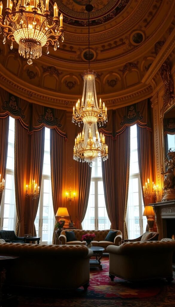 A grand, ornate royal living room bathed in warm, golden lighting. Elaborate crystal chandeliers cast a soft, ambient glow, casting gentle shadows that accentuate the rich, velvet drapes and gilded accents. Plush, tufted furniture sits atop a luxurious, patterned rug, while tall windows allow natural light to filter in, creating a sense of grandeur and elegance. Intricate wall sconces and table lamps provide additional layers of illumination, blending seamlessly with the overall sophisticated ambiance. The room exudes a palpable air of luxury and refined opulence, perfectly suited for a regal, aristocratic setting.
