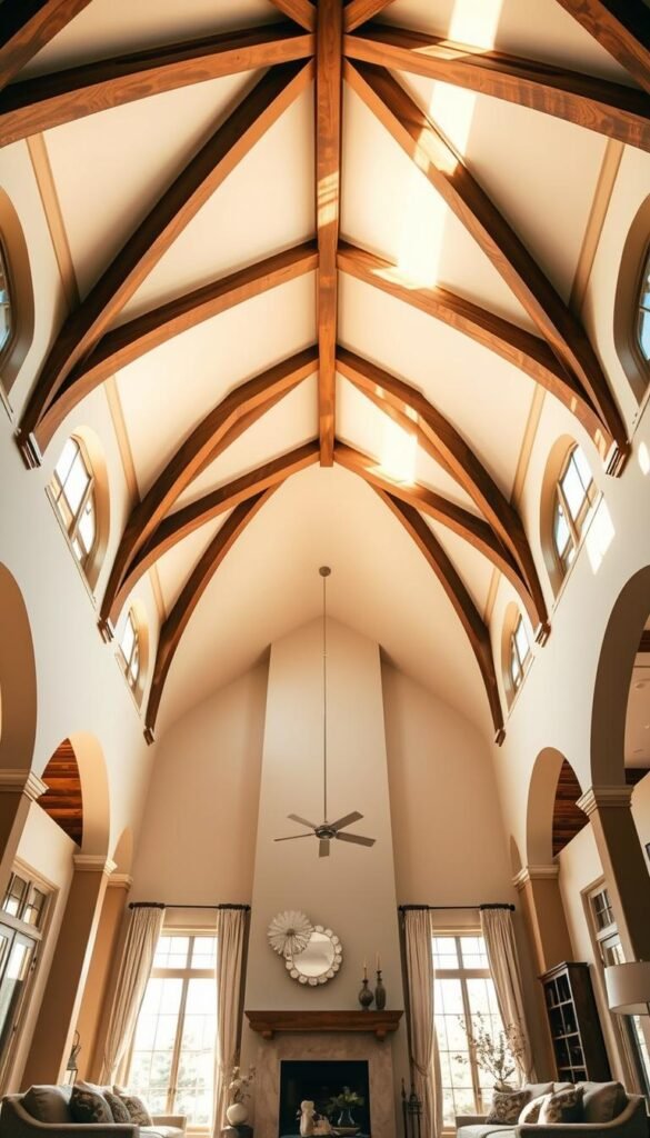 A grand, sun-drenched vaulted ceiling soaring above a luxurious living room. Elegant arches stretch towards the heavens, casting a warm, gentle glow across the space. Intricate wooden beams criss-cross the lofty expanse, creating depth and visual interest. Soft, natural light filters in through large windows, accentuating the room's spaciousness and airy ambiance. Plush furnishings and a cozy fireplace create an inviting, sophisticated atmosphere, while subtle metallic accents and strategically placed lighting fixtures add a touch of modern glamour. This captivating design seamlessly blends classic elegance with a contemporary flair, amplifying the sense of grandeur and openness within the living space.