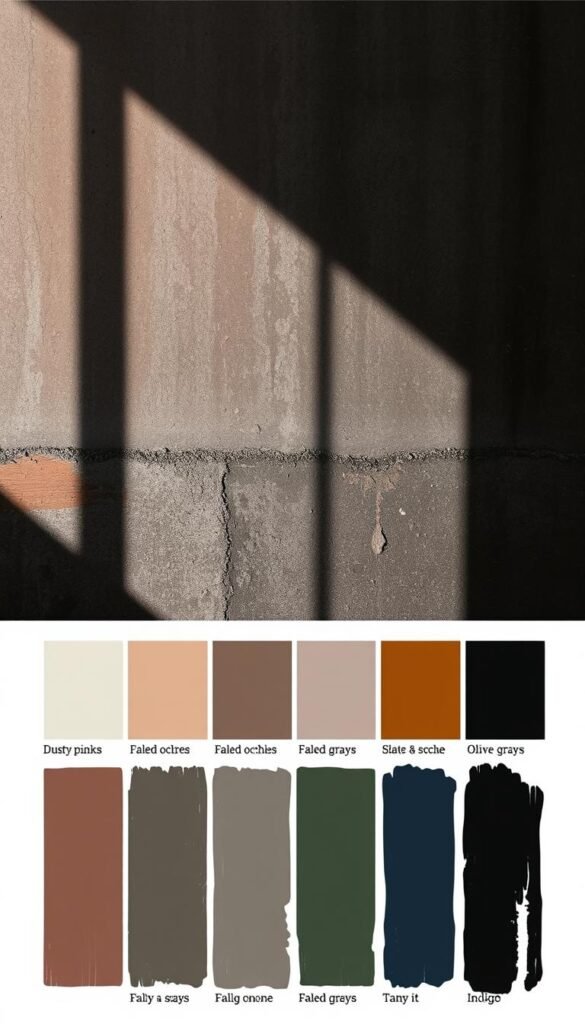 A grunge-inspired color palette, featuring a moody mix of earthy tones and muted hues. In the foreground, a harmonious blend of dusty pinks, faded ochres, and weathered charcoals. Midground, a tapestry of textured grays, from slate to graphite, with hints of olive and sage. The background anchored by deep, inky blacks, punctuated by the warm glow of amber and the cool tones of indigo. Dramatic lighting casts dramatic shadows, creating a sense of depth and dimension. The overall atmosphere is one of gritty elegance, a perfect foundation for a grunge-inspired bedroom design.