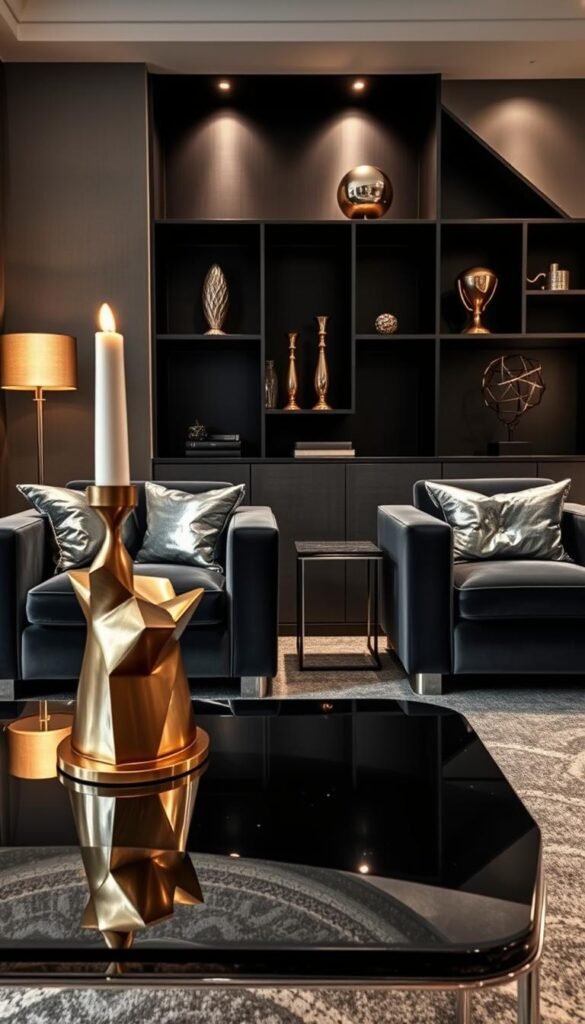 A high-contrast, moody modern living room with metallic accents and decor. In the foreground, a sleek, angular coffee table with a reflective chrome finish catches the light. Atop it, a sculptural candle holder in brushed bronze casts flickering shadows. In the middle ground, a pair of plush velvet armchairs in a deep charcoal hue are punctuated by metallic accent pillows in shimmering silver. The background features a dramatic, charcoal-toned accent wall with geometric shelving displaying various metallic objets d'art - polished brass candlesticks, a mirrored vase, a metallic geometric sculpture. The lighting is a mix of warm, low-key ambient lighting and dramatic, directional spotlights highlighting the metallic elements. The overall mood is one of luxurious sophistication and moody elegance.