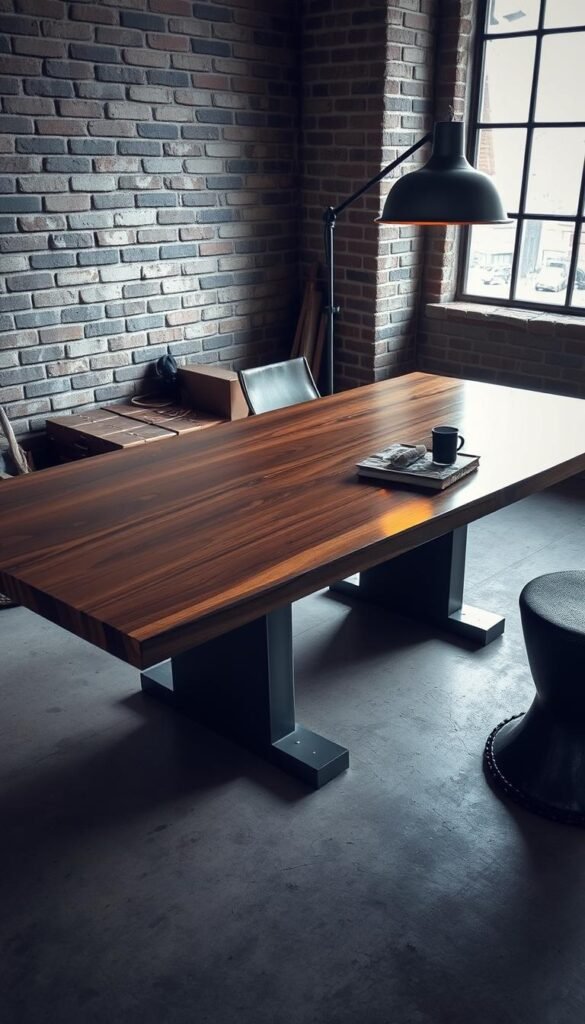 A highly polished, industrial-style wooden table with a smooth, glossy surface sits atop a concrete slab floor. Surrounding it, a collection of masculine design materials - rugged leather, weathered steel, and a sleek, gunmetal-grey lamp casting a warm, ambient glow. In the background, a wall of exposed brick provides a textural contrast, while a large window allows natural light to filter in, casting dramatic shadows and highlights across the scene. The overall atmosphere evokes a sense of modern sophistication and understated elegance.