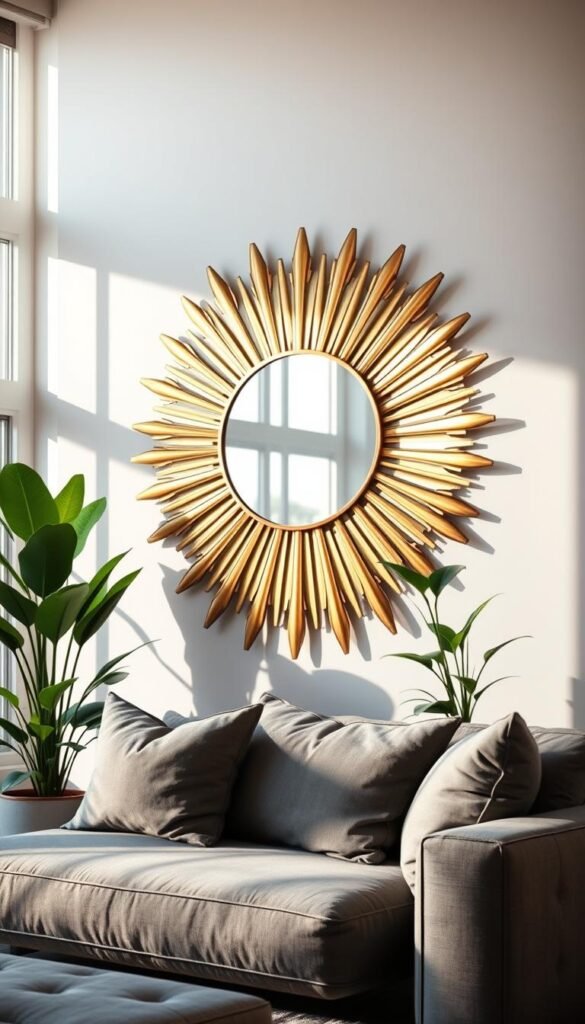 A large, elegant sunburst mirror with metallic gold rays radiating outward, mounted on a white wall in a cozy living room. The mirror is the focal point, surrounded by lush, verdant potted plants and soft, plush gray furniture. Warm, natural lighting filters through large windows, casting a gentle glow on the scene. The overall atmosphere is one of luxurious sophistication and inviting homeliness, perfectly complementing the room's decor and creating the illusion of an expanded, brighter space.