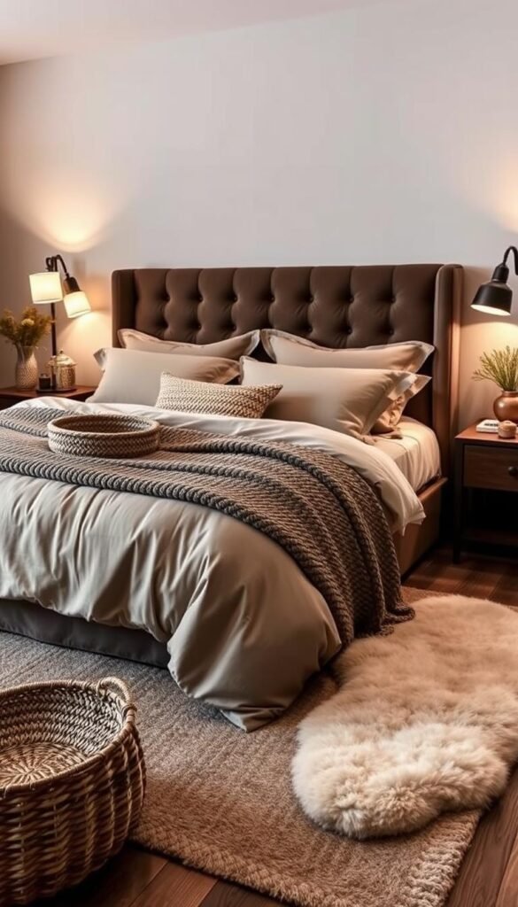 A large, masculine bedroom with a plush, textural bedding set in a muted palette of earthy tones. The bed takes center stage, adorned with a heavy knit blanket, linen sheets, and a velvet-tufted headboard. Warm lighting casts a cozy glow, while a mix of natural textures, such as a woven basket, a rustic wood side table, and a cozy sheepskin rug, create a tactile, inviting ambiance. The overall scene evokes a sense of comfort and sophisticated style, perfect for a modern male retreat. A large, masculine bedroom with a plush, textural bedding set in a muted palette of earthy tones. The bed takes center stage, adorned with a heavy knit blanket, linen sheets, and a velvet-tufted headboard. Warm lighting casts a cozy glow, while a mix of natural textures, such as a woven basket, a rustic wood side table, and a cozy sheepskin rug, create a tactile, inviting ambiance. The overall scene evokes a sense of comfort and sophisticated style, perfect for a modern male retreat.