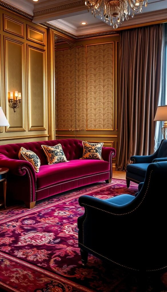 A lavish arrangement of luxurious royal color palette materials, showcasing the opulence and grandeur of a regal living space. In the foreground, a plush velvet sofa in a deep, rich burgundy hue, accented by ornate gold-trimmed cushions. Alongside, a pair of tufted armchairs in a sumptuous midnight blue, their elegant silhouettes reflecting the ambient lighting. In the middle ground, a large, ornate area rug in a mosaic of jewel-toned hues, its intricate pattern evoking a sense of timeless sophistication. Framing the scene, the background features paneled walls in a lustrous, gilded finish, complemented by heavy, draped curtains in a shimmering satin fabric. The overall atmosphere exudes an air of refined elegance and regal grandeur.