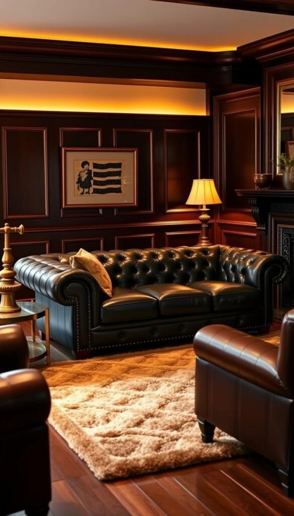 A lavish living room with a sumptuous black leather chesterfield sofa and armchair, set against a backdrop of deep mahogany paneling and a plush, tufted area rug. Warm, indirect lighting casts a mellow glow, creating an atmosphere of refined masculinity. The leather pieces are the focal point, their supple texture and classic silhouettes exuding an air of sophisticated elegance. Ornate brass accents, such as a side table lamp and a decorative fireplace screen, add a touch of industrial-inspired luxury. The overall scene conveys a sense of timeless, sophisticated style - a perfect embodiment of the "Leather Accents for Masculine Elegance" concept.