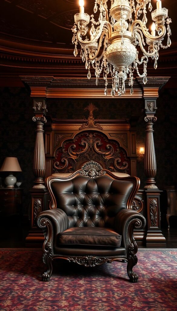 A lavish, ornate bedroom featuring a grand, carved wood four-poster bed with intricate details and plush bedding. The room is illuminated by a magnificent crystal chandelier, casting a warm, atmospheric glow. In the foreground, a large, opulent armchair with tufted velvet upholstery and ornate wooden accents sits prominently. The walls are adorned with dark, antique-inspired wallpaper, and the floor is covered in a rich, patterned rug. The overall aesthetic is one of gothic elegance and dramatic flair, creating a captivating and immersive visual experience.