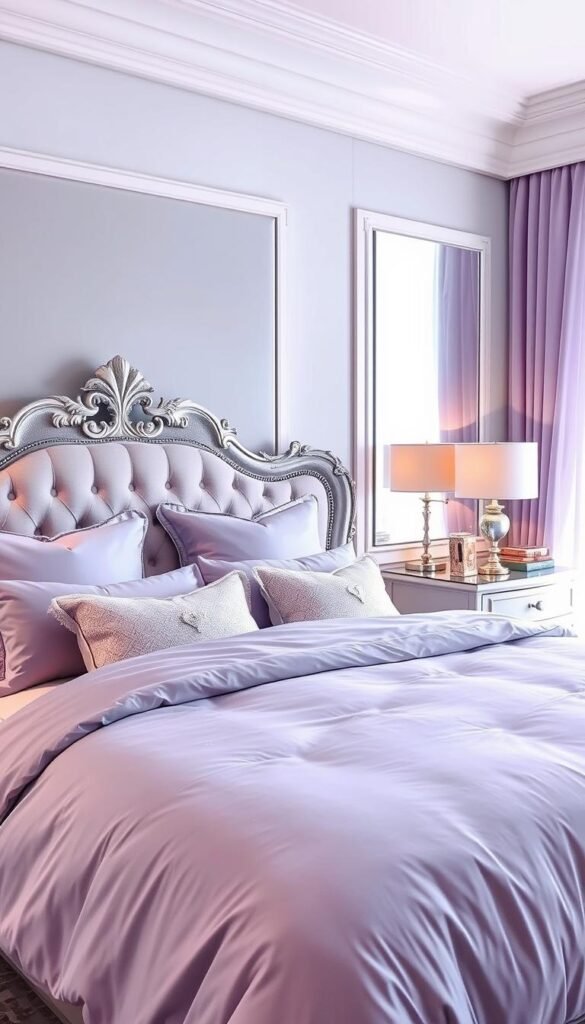 A lavishly appointed bedroom with a harmonious palette of lavender and silver. In the foreground, a plush, oversized bed with a lavender-hued comforter and an ornate silver-toned headboard. Delicate silver accents adorn the bedding, including shimmering throw pillows and a glistening silver floor lamp. The middle ground features a pair of nightstands with sleek, contemporary silver lamps casting a warm, inviting glow. The background showcases a tranquil, silvery-gray accent wall, punctuated by the soft, ethereal light filtering through sheer lavender curtains. The lighting is soft and diffused, creating a sense of sophisticated elegance and relaxation.