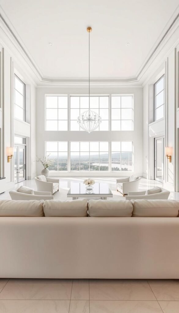 A luminous living room bathed in natural light, the white palette accentuating the architectural elegance. In the foreground, a plush, oversized sofa in pristine ivory invites one to sink in and bask in the serene ambiance. Complementing the sofa, a pair of matching armchairs flank a sleek, minimalist coffee table, its glass surface reflecting the room's bright, airy atmosphere. Against the far wall, floor-to-ceiling windows offer panoramic views, drawing the eye outward and creating a seamless transition between indoors and out. Soft, diffused lighting from sconces and a pendant fixture above cast a warm, glowing radiance, enhancing the luxurious yet calming aesthetic. The overall impression is one of refined sophistication and unparalleled comfort, showcasing the timeless appeal of a white palette in a luxurious living room.