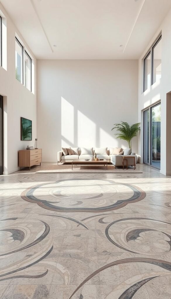 A luminous living room with a captivating mosaic terrazzo floor design. Soft, diffused light filters through large windows, casting a warm glow on the intricate pattern of swirling, multicolored stone tiles. The tiles flow seamlessly from the entryway to the seating area, creating a cohesive, artful foundation. Muted tones of gray, beige, and touches of gold intertwine, complementing the minimalist furniture and neutral walls. The overall atmosphere is one of refined elegance and tranquility, inviting visitors to linger and admire the stunning, handcrafted mosaic terrazzo flooring.