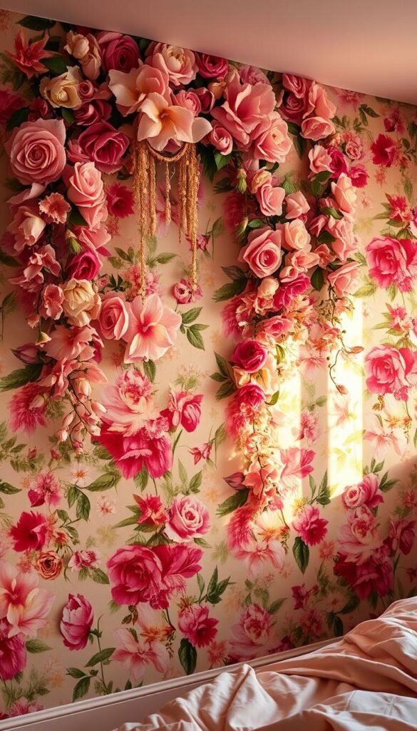 A lush, dreamlike floral wallpaper adorns the walls, bursting with vibrant blooms in a variety of shapes and hues. Delicate petals cascade down the surface, creating a soft, romantic atmosphere. The lighting is warm and diffused, casting a gentle glow that enhances the natural beauty of the floral patterns. The overall composition has a sense of whimsy and enchantment, transporting the viewer into a fairytale-like setting, perfect for a cozy, charming cottagecore bedroom.