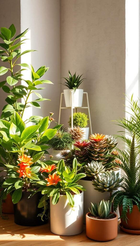 A lush, harmonious arrangement of potted plants showcasing core design principles. In the foreground, a balanced composition of leafy greens, vibrant flowers, and sculptural succulents, illuminated by warm, natural lighting. The middle ground features a minimalist, geometric plant stand, its clean lines echoing the underlying structure. In the background, a neutral, textured wall provides a calming backdrop, allowing the plants to take center stage. The scene exudes a sense of tranquility and effortless elegance, inspiring the viewer to thoughtfully incorporate plants into their living space. Captured with a wide-angle lens to capture the full scope of the carefully curated display. A lush, harmonious arrangement of potted plants showcasing core design principles. In the foreground, a balanced composition of leafy greens, vibrant flowers, and sculptural succulents, illuminated by warm, natural lighting. The middle ground features a minimalist, geometric plant stand, its clean lines echoing the underlying structure. In the background, a neutral, textured wall provides a calming backdrop, allowing the plants to take center stage. The scene exudes a sense of tranquility and effortless elegance, inspiring the viewer to thoughtfully incorporate plants into their living space. Captured with a wide-angle lens to capture the full scope of the carefully curated display.