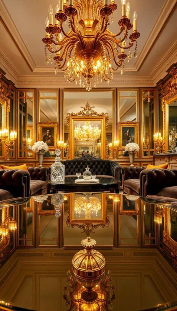 A lush, opulent living room filled with reflective surfaces that catch the soft, warm light. In the foreground, a grand, mirrored coffee table reflects the ornate gold chandelier overhead. The middle ground features plush, velvet upholstered furniture in deep jewel tones, their sheen accentuating the elegance. Ornate, gilded frames line the walls, their glass surfaces gleaming. Strategically placed crystal decanters and glass vases add additional sparkle. The background fades into a hazy, dreamlike atmosphere, hinting at the grandeur of the space. An atmosphere of refined luxury and sophisticated style pervades the scene.