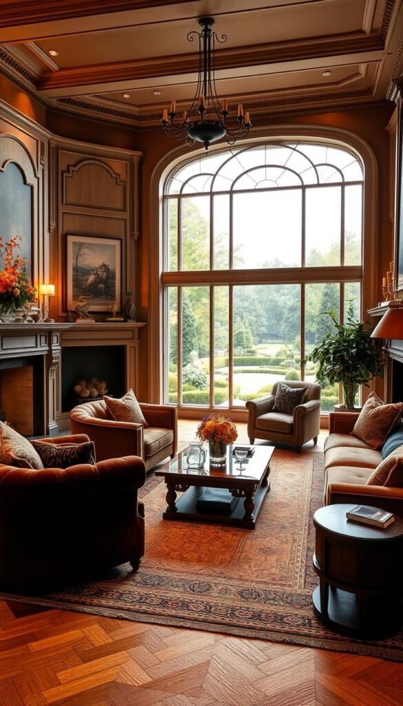 A lush, refined living room exuding crafted elegance. Warm lighting illuminates a harmonious blend of luxurious textures - plush velvet sofas, a glossy hardwood coffee table, and intricate woven rugs. Ornate moldings and a grand fireplace mantel create an air of timeless sophistication. Bespoke shelving displays curated ornaments and artworks, while floor-to-ceiling windows offer panoramic views of a meticulously landscaped garden. The space evokes a sense of elevated comfort, where every detail has been meticulously considered to craft an inviting, luxurious atmosphere.