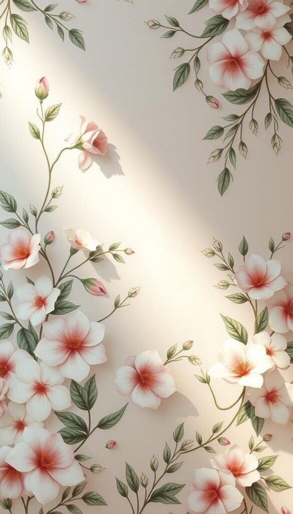 A lush, soft floral botanical wallpaper print with delicate, hand-painted-style flowers and greenery in a muted, pastel color palette. Subtly shimmering textures create an elegant, refined look. The composition features a balanced, symmetrical arrangement with the flowers and leaves gracefully flowing across the frame. Warm, indirect lighting from above casts gentle shadows, enhancing the depth and dimensionality of the design. The overall mood is one of tranquil sophistication and timeless, feminine charm.