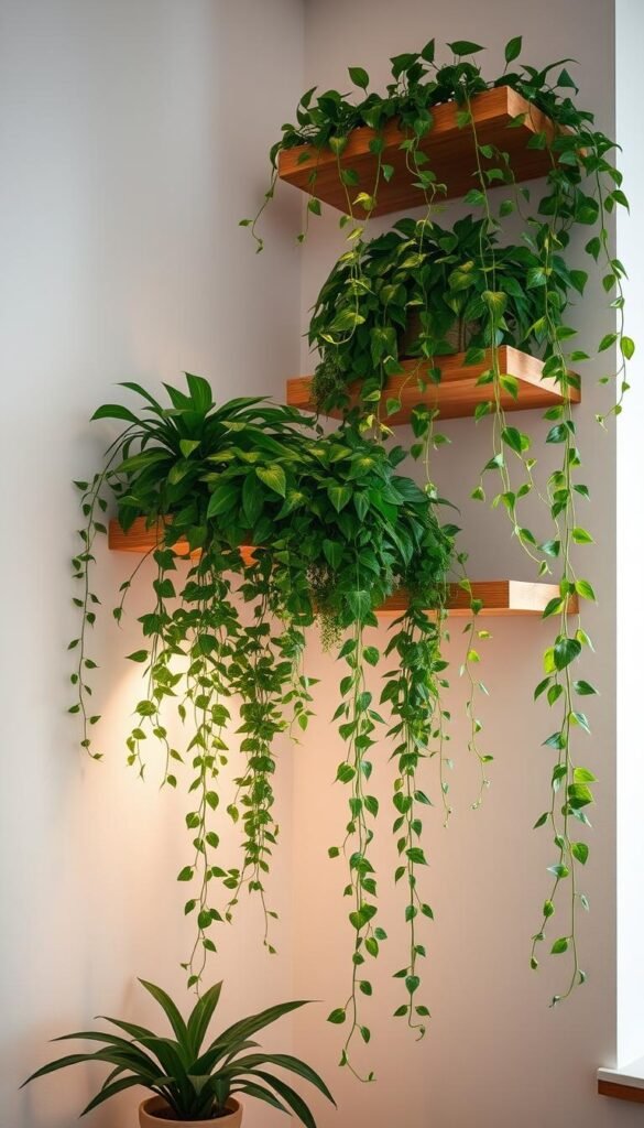 A lush, verdant arrangement of leafy plants cascading down from floating wooden shelves, their fronds gently swaying in the soft, warm light. The shelves are seamlessly integrated into the room's minimalist, natural-inspired decor, creating an effortless blend of organic and modern elements. The plants' vibrant hues and delicate textures add a sense of life and movement, drawing the eye upwards and inviting the viewer to engage with the captivating display. Strategically placed lighting highlights the sculptural qualities of the foliage, casting intriguing shadows and creating an enchanting, almost magical ambiance. The overall composition exudes a sense of harmony, balance, and a connection to the natural world, perfectly complementing the "Incorporating Life and Movement with Plants" section of the article.