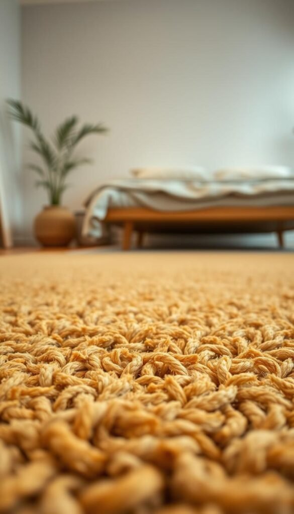 A lush, vibrant carpet made of natural, sustainable fibers like jute, hemp, or bamboo. The texture is plush and inviting, with a slight sheen that catches the warm, diffused lighting. The material appears durable and resilient, with a subtle pattern or weave that adds visual interest. In the foreground, the carpet's surface is sharp and in focus, showcasing its eco-friendly composition. The middle ground blends softly into a minimalist, nature-inspired bedroom setting, with neutral tones and clean lines that complement the organic feel of the sustainable flooring. The background is hazy and blurred, drawing the viewer's attention to the central carpet material as the star of the scene.