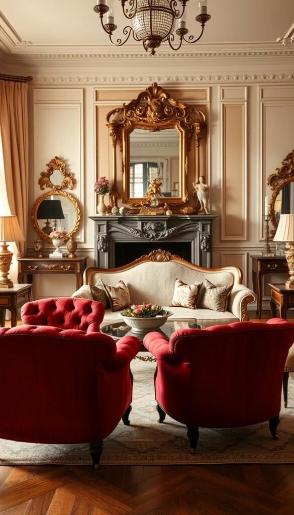 A luxurious French living room, bathed in soft, warm lighting. In the foreground, a pair of plush, tufted bergère chairs in a rich, velvety crimson, facing each other in an intimate conversation arrangement. Behind them, a grand, elegant canapé sofa in a complementary neutral tone, adorned with delicate embroidered details. The room is accented with ornate gilded mirrors, antique end tables, and a grand, ornate fireplace mantel in the background. The overall atmosphere is one of refined sophistication, with a touch of Parisian elegance.