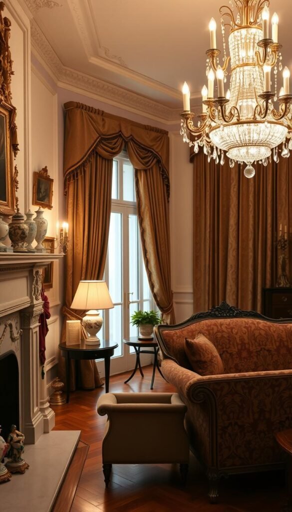 A luxurious French living room, bathed in warm, soft lighting. In the foreground, ornate gilded picture frames, delicate porcelain vases, and intricate ceramic trinkets adorn the mantelpiece. In the middle ground, a plush velvet armchair and a heavy, brocade-upholstered settee create an inviting seating area. The background features heavy damask curtains, parquet flooring, and a grand, ornate chandelier casting a gentle glow. The overall atmosphere evokes a sense of timeless elegance and refined sophistication.