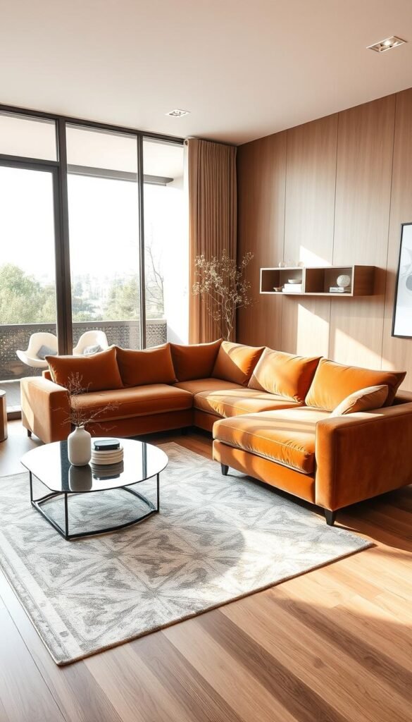 A luxurious L-shaped sofa elegantly placed in the corner of a modern, spacious living room. The sofa is upholstered in a plush, velvet fabric in a rich, earthy tone that complements the warm, natural wood flooring. Abundant natural light spills in through large, floor-to-ceiling windows, casting a soft, ambient glow throughout the room. Minimalist, modern decor elements, including a sleek, floating shelving unit and a geometric area rug, create a harmonious, cohesive aesthetic. The room's layout maximizes the available space, showcasing how a corner placement can transform the living area into a inviting, functional, and visually striking focal point.