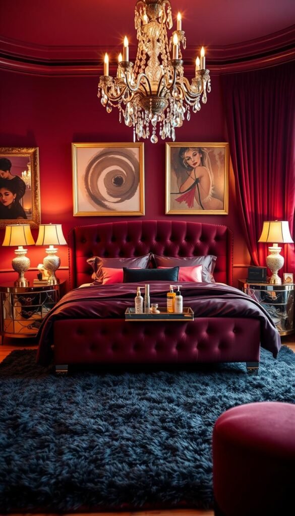 A luxurious and boldly glamorous baddie bedroom, bathed in warm ambient lighting. In the foreground, a plush velvet tufted bed with satin bedding in a rich jewel-toned palette. Ornate mirrored nightstands flank the bed, adorned with vintage-inspired lamps and trays of luxury beauty products. The walls are painted in a deep, sultry burgundy, adorned with gold-framed abstract art pieces. Lush velvet curtains in a matching burgundy hue frame the large windows, casting a cozy glow. The floor is covered in a plush, shaggy rug in a deep charcoal shade. Strategically placed crystal chandeliers and candles create a sensual, atmospheric lighting. An overall air of opulence, mystery, and unapologetic glamour pervades the space.