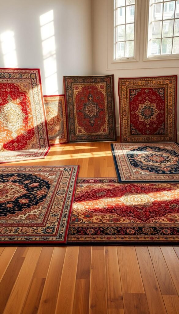 A luxurious and well-curated selection of high-end flooring and area rugs, showcased in a bright and airy room with warm, natural lighting. The polished hardwood floors gleam, complemented by the intricate patterns and plush textures of the Persian and Oriental rugs. Strategically placed to create a harmonious and visually striking composition, the rugs draw the eye and anchor the space, elevating the overall aesthetic. The lighting, captured with a wide-angle lens, casts a soft, inviting glow, evoking a sense of opulence and refinement. The resulting image exudes an atmosphere of sophistication and attention to detail, perfectly capturing the essence of luxury living room decor. A luxurious and well-curated selection of high-end flooring and area rugs, showcased in a bright and airy room with warm, natural lighting. The polished hardwood floors gleam, complemented by the intricate patterns and plush textures of the Persian and Oriental rugs. Strategically placed to create a harmonious and visually striking composition, the rugs draw the eye and anchor the space, elevating the overall aesthetic. The lighting, captured with a wide-angle lens, casts a soft, inviting glow, evoking a sense of opulence and refinement. The resulting image exudes an atmosphere of sophistication and attention to detail, perfectly capturing the essence of luxury living room decor.