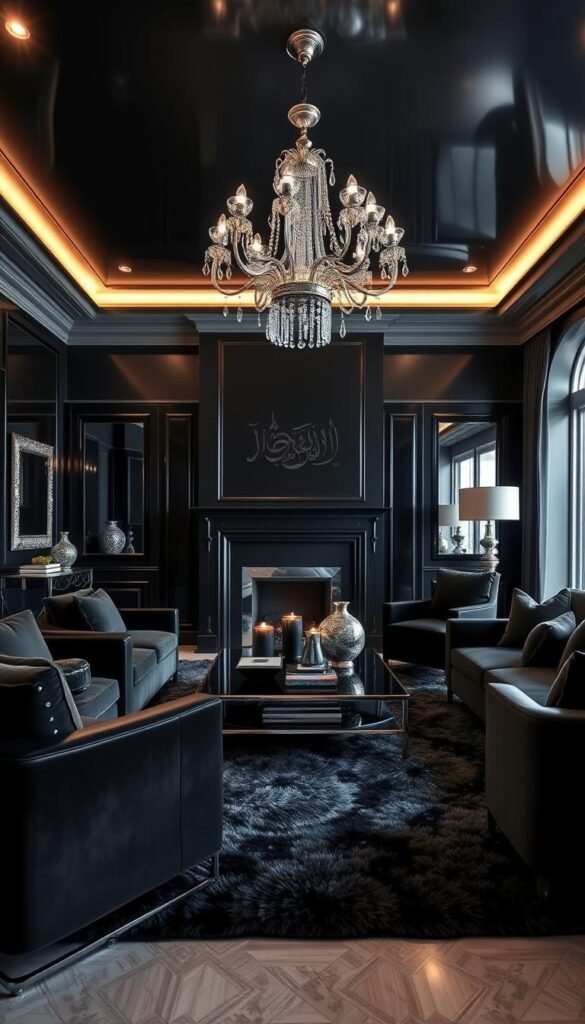 A luxurious black living room with sleek, high-gloss paint finishes on the walls, complemented by metallic accents in the form of a shimmering chandelier, mirrored side tables, and a polished chrome fireplace surround. Soft, moody lighting creates an atmosphere of sophistication and elegance, while plush velvet upholstery and a thick, sumptuous area rug add depth and texture. The room exudes a sense of modern, high-end style, perfect for a stylish, minimalist interior.
