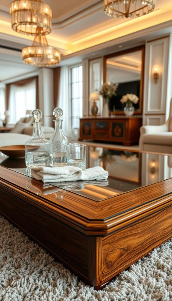 A luxurious center table resting on a plush, deep-pile carpet in a bright, airy living room. Intricate wood grains and a high-gloss finish catch the warm, soft lighting from overhead pendants. A damp, soft cloth gently polishes the surface, revealing its mirror-like shine. Delicate crystal decanters and artful vases decorate the tabletop, complementing the elegant surroundings. The scene exudes a sense of refined sophistication and meticulous attention to detail, reflecting the importance of maintaining such a centerpiece in a luxury living space.