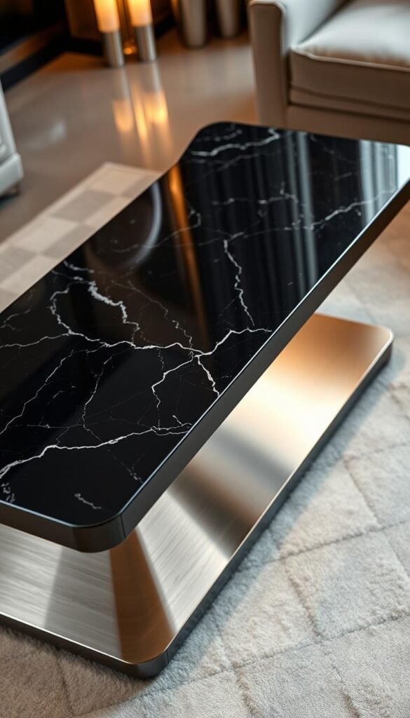 A luxurious center table with a sleek, modern design. The tabletop is made of highly polished, opulent materials such as black marble or dark-veined granite, reflecting the room's ambient lighting. The table's base is crafted from brushed stainless steel or bronze, exuding an aura of refined elegance. Soft, directional lighting casts a warm glow, highlighting the natural beauty and rich texture of the premium materials. The overall composition conveys a sense of timeless sophistication, perfectly complementing the high-end furnishings of a luxury living room.
